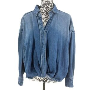 YFB Young Fabulous & Broke Denim Look Twist Front Button Down Top M